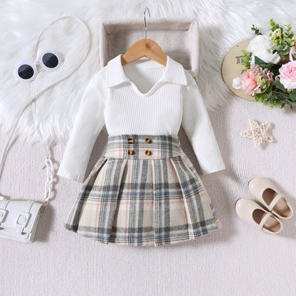 Children Striped Long Sleeve With College Style Plaid Pleated Short Skirt Two-piece Suit