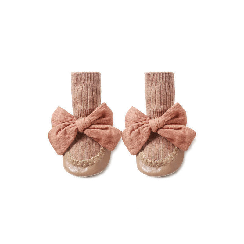 Baby Leather Sole Floor Shoes Socks Babies' Socks Mid-calf Anti-drop Korean Bow Princess Socks Toddler Sock Shoes