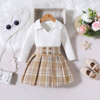 Children Striped Long Sleeve With College Style Plaid Pleated Short Skirt Two-piece Suit