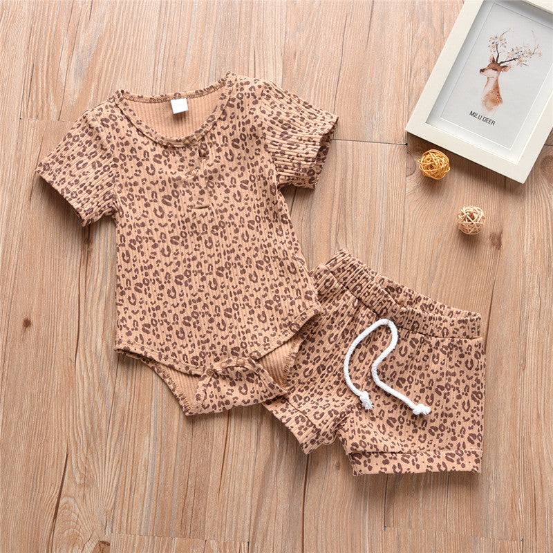 Children's Summer Leopard Print Pit Striped Romper Shorts Two-piece Suit