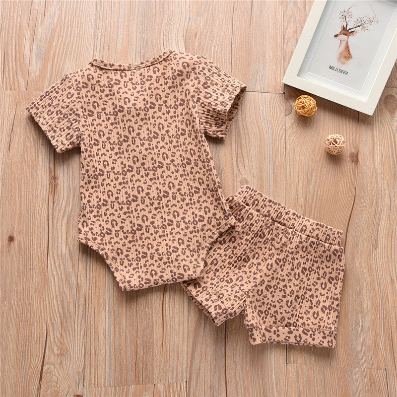 Children's Summer Leopard Print Pit Striped Romper Shorts Two-piece Suit