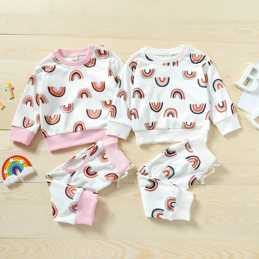 Girls' Baby Rainbow Printing Pullover Round Neck Buckle Casual And Comfortable Long-sleeve Sweater Set