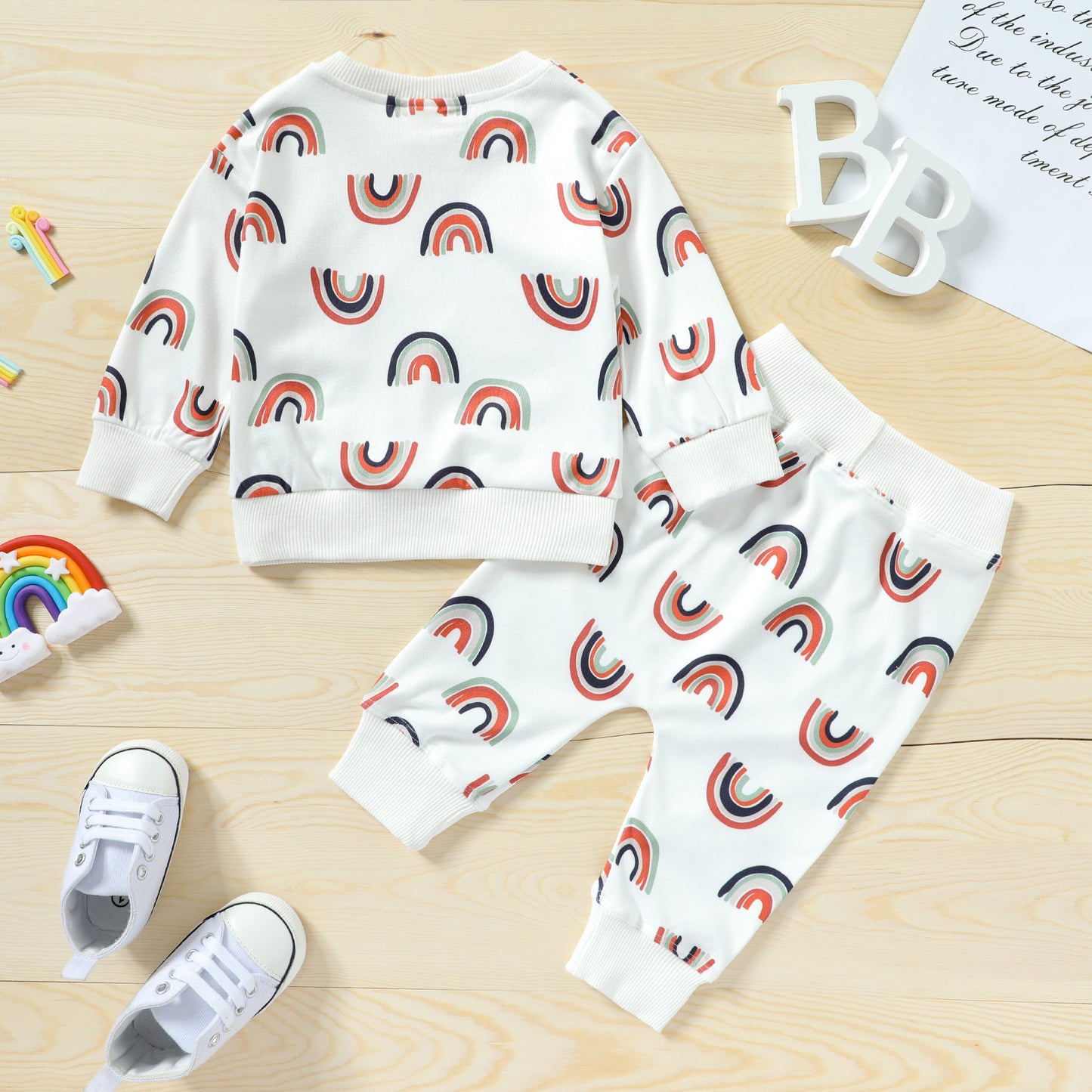 Girls' Baby Rainbow Printing Pullover Round Neck Buckle Casual And Comfortable Long-sleeve Sweater Set