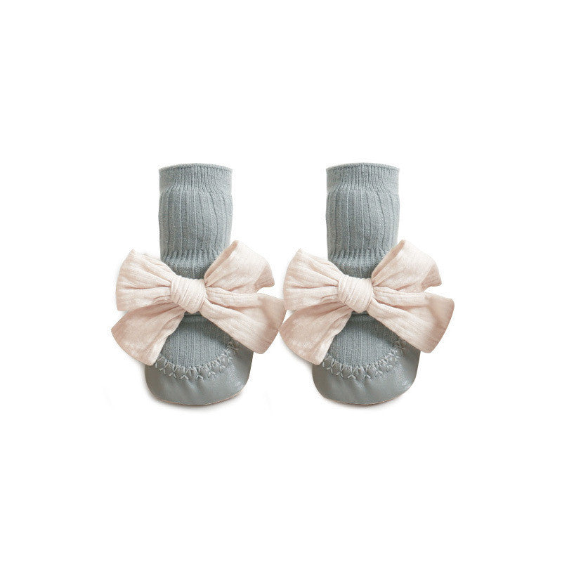 Baby Leather Sole Floor Shoes Socks Babies' Socks Mid-calf Anti-drop Korean Bow Princess Socks Toddler Sock Shoes