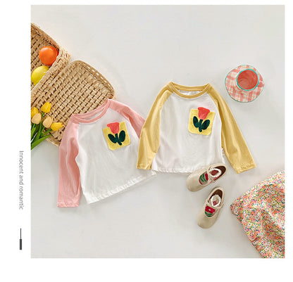 Korean Style Babies' Long Sleeve T-shirt Cartoon Embroidered Underwear Blouse Trendy Contrast Color Sleeve Baby's Top