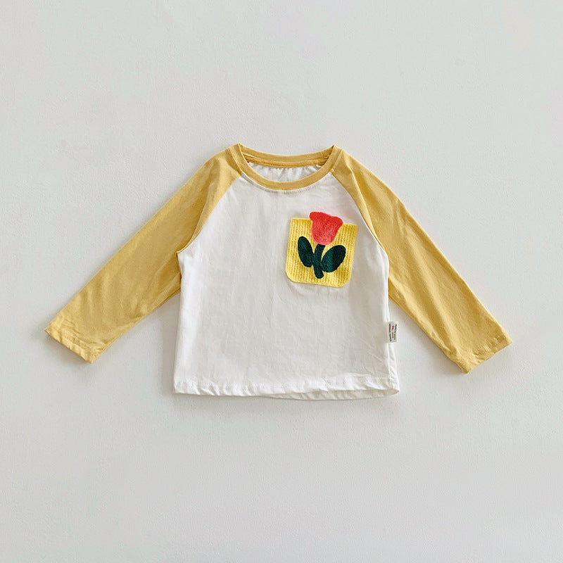 Korean Style Babies' Long Sleeve T-shirt Cartoon Embroidered Underwear Blouse Trendy Contrast Color Sleeve Baby's Top