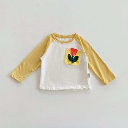 Korean Style Babies' Long Sleeve T-shirt Cartoon Embroidered Underwear Blouse Trendy Contrast Color Sleeve Baby's Top