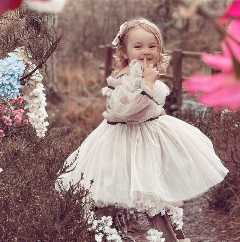 Elegant Ball Gown Kids Tulle Puff Sleeve Dress