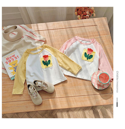 Korean Style Babies' Long Sleeve T-shirt Cartoon Embroidered Underwear Blouse Trendy Contrast Color Sleeve Baby's Top