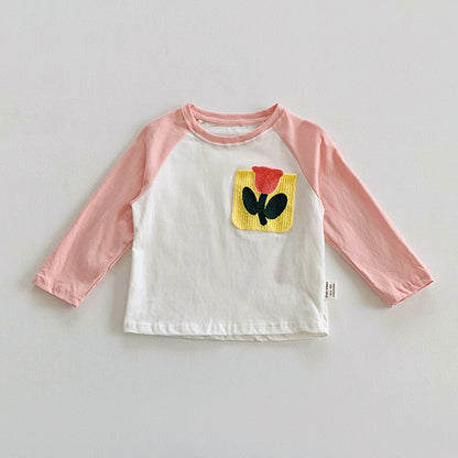 Korean Style Babies' Long Sleeve T-shirt Cartoon Embroidered Underwear Blouse Trendy Contrast Color Sleeve Baby's Top