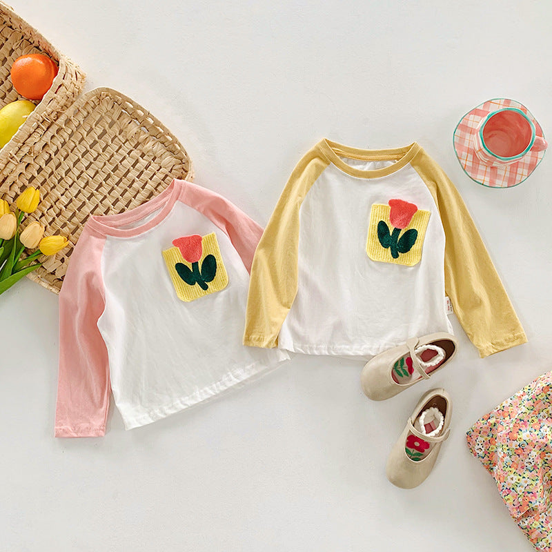 Korean Style Babies' Long Sleeve T-shirt Cartoon Embroidered Underwear Blouse Trendy Contrast Color Sleeve Baby's Top