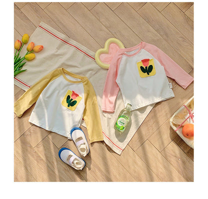 Korean Style Babies' Long Sleeve T-shirt Cartoon Embroidered Underwear Blouse Trendy Contrast Color Sleeve Baby's Top