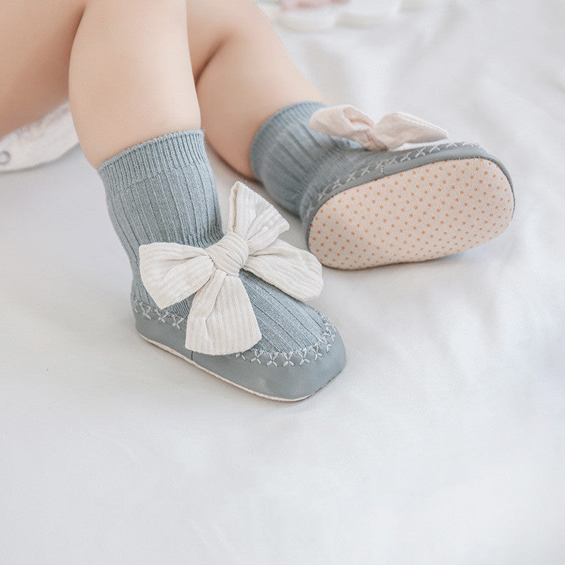 Baby Leather Sole Floor Shoes Socks Babies' Socks Mid-calf Anti-drop Korean Bow Princess Socks Toddler Sock Shoes