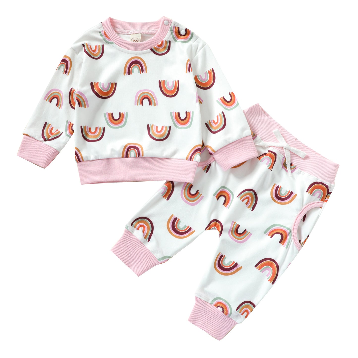 Girls' Baby Rainbow Printing Pullover Round Neck Buckle Casual And Comfortable Long-sleeve Sweater Set