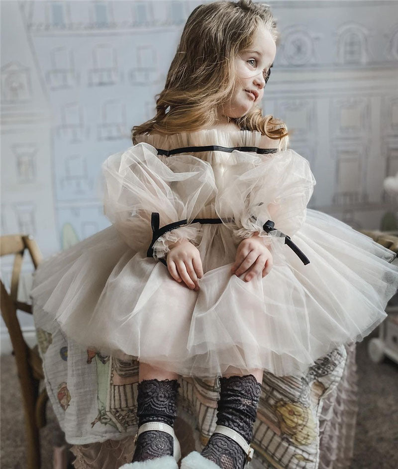 Elegant Ball Gown Kids Tulle Puff Sleeve Dress