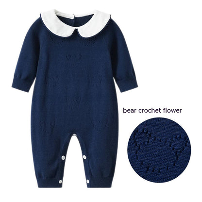 Babies' Knit Jumpsuit Bear Crocheted Dark Blue Cotton Wool Romper