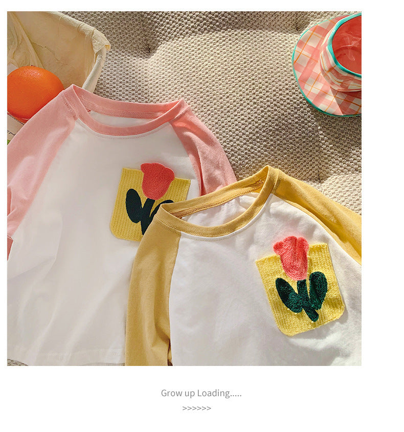 Korean Style Babies' Long Sleeve T-shirt Cartoon Embroidered Underwear Blouse Trendy Contrast Color Sleeve Baby's Top