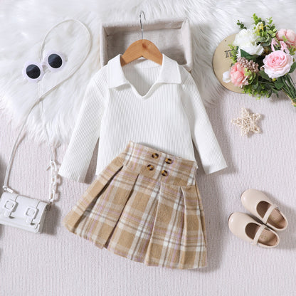 Children Striped Long Sleeve With College Style Plaid Pleated Short Skirt Two-piece Suit