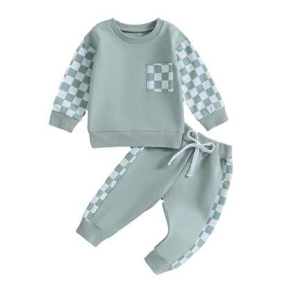 Boys' 2-Piece Set: Chessboard Plaid Patchwork Sweater & Sweatpants