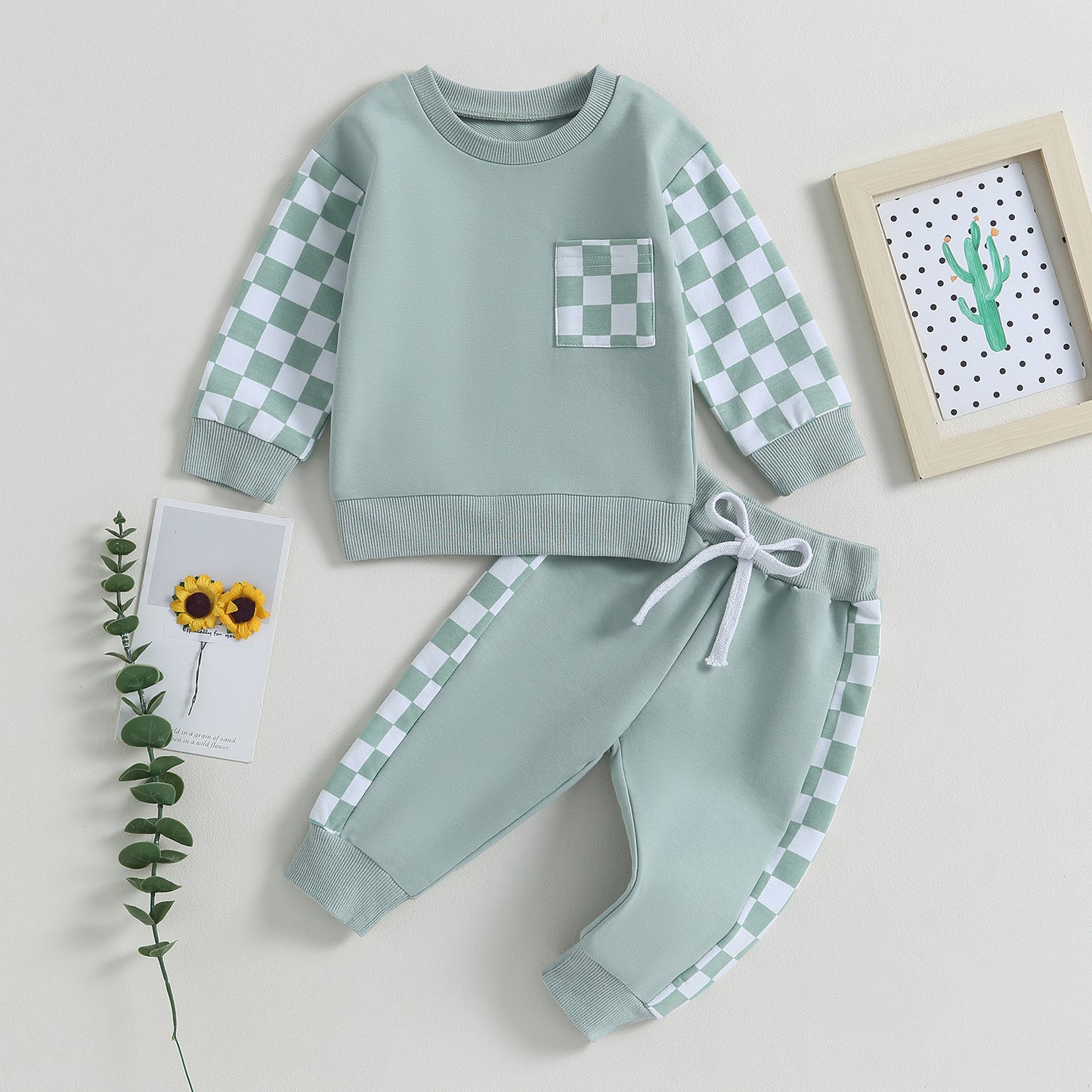 Boys' 2-Piece Set: Chessboard Plaid Patchwork Sweater & Sweatpants