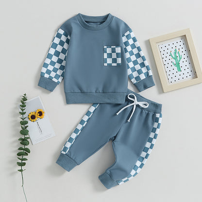 Boys' 2-Piece Set: Chessboard Plaid Patchwork Sweater & Sweatpants