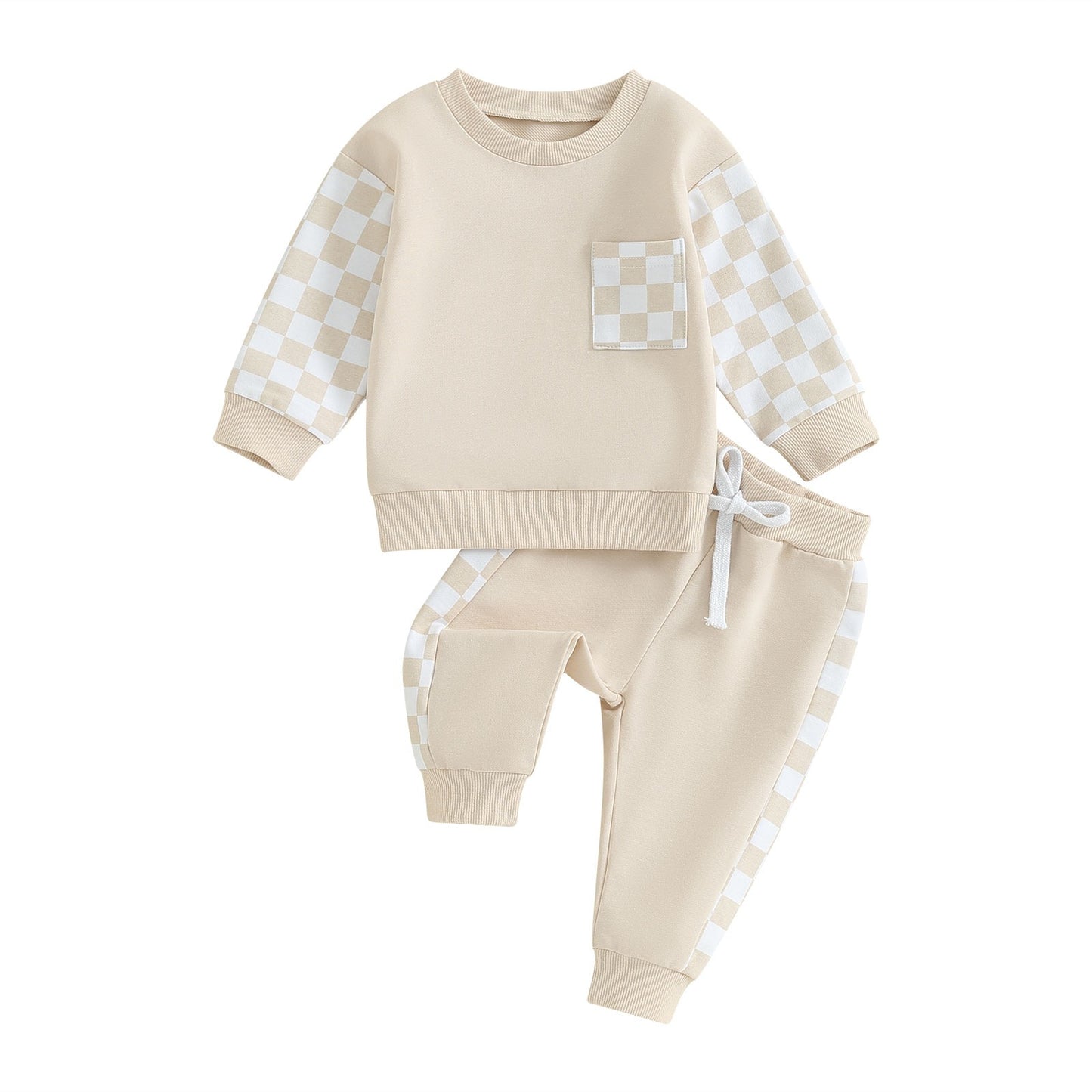 Boys' 2-Piece Set: Chessboard Plaid Patchwork Sweater & Sweatpants