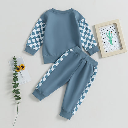 Boys' 2-Piece Set: Chessboard Plaid Patchwork Sweater & Sweatpants