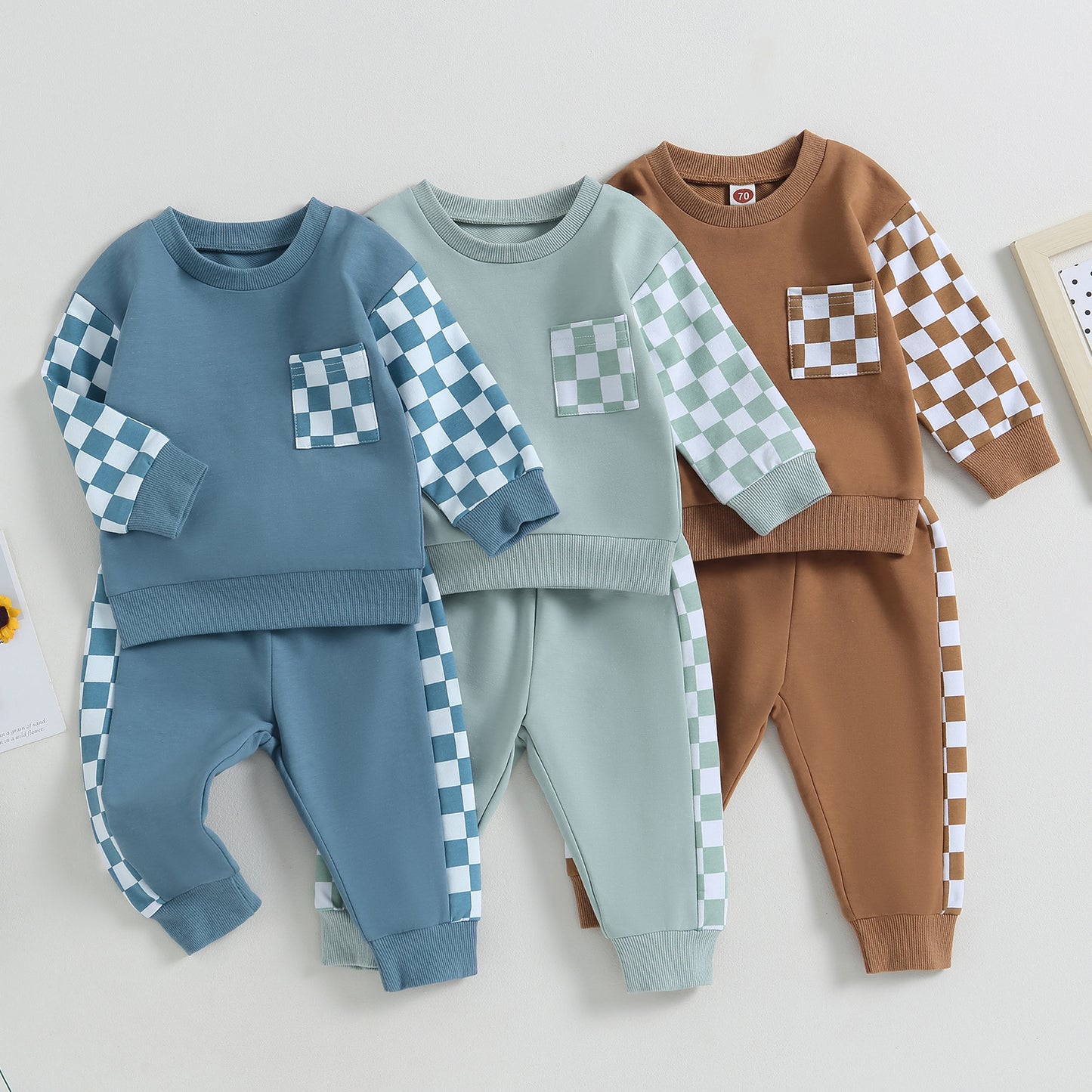 Boys' 2-Piece Set: Chessboard Plaid Patchwork Sweater & Sweatpants