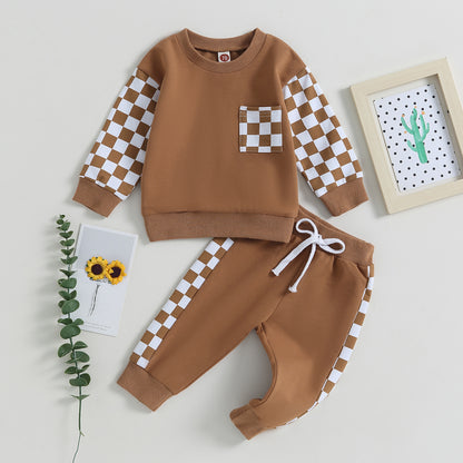 Boys' 2-Piece Set: Chessboard Plaid Patchwork Sweater & Sweatpants