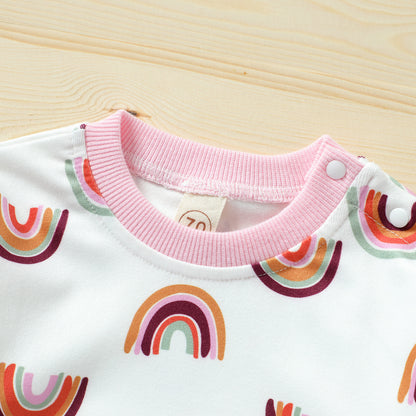 Girls' Baby Rainbow Printing Pullover Round Neck Buckle Casual And Comfortable Long-sleeve Sweater Set