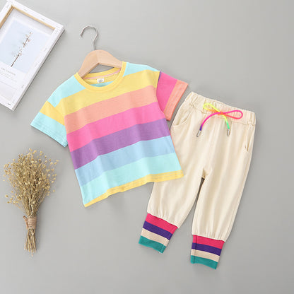 Girls Suit Korean Striped Short Sleeved Top