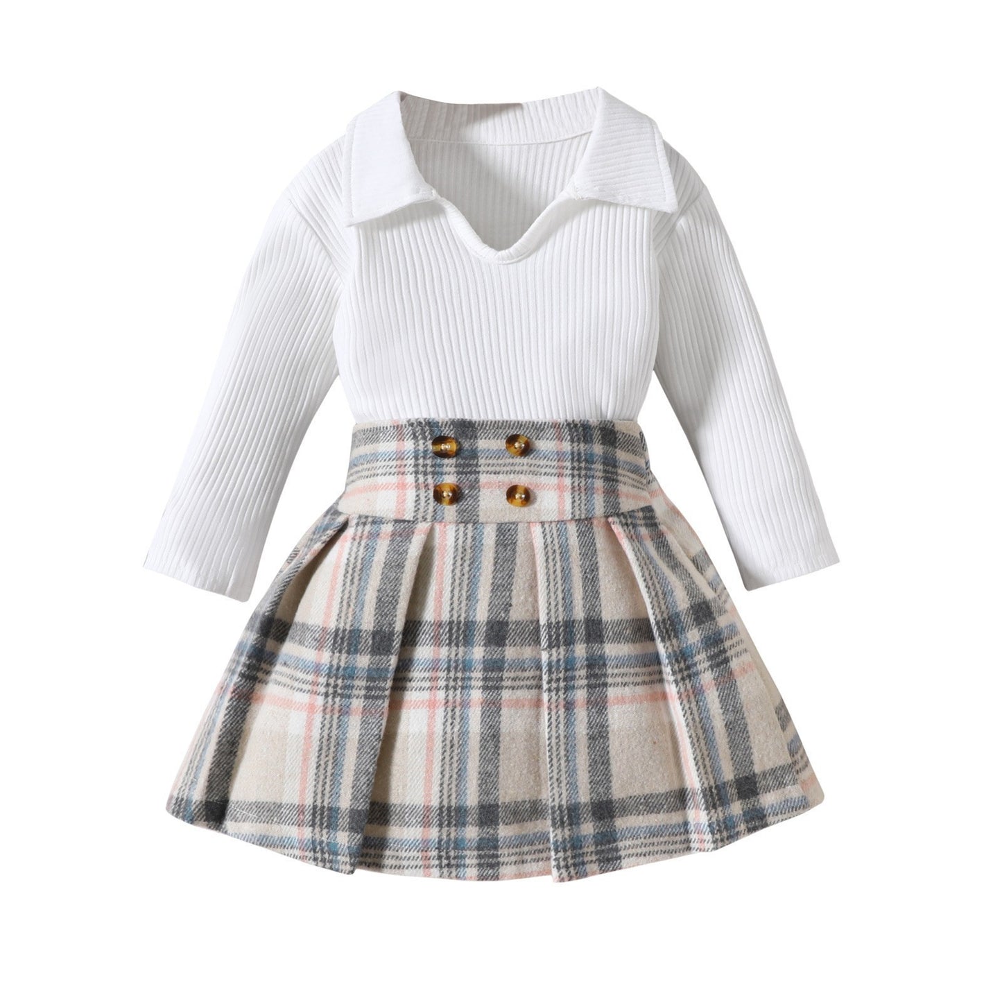 Children Striped Long Sleeve With College Style Plaid Pleated Short Skirt Two-piece Suit