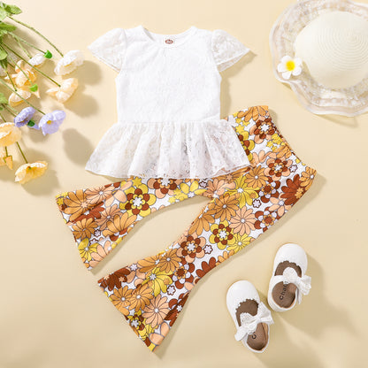 Two-piece Suit, Young And Little Girls Lace Short-sleeved Top Bell-bottom Pants