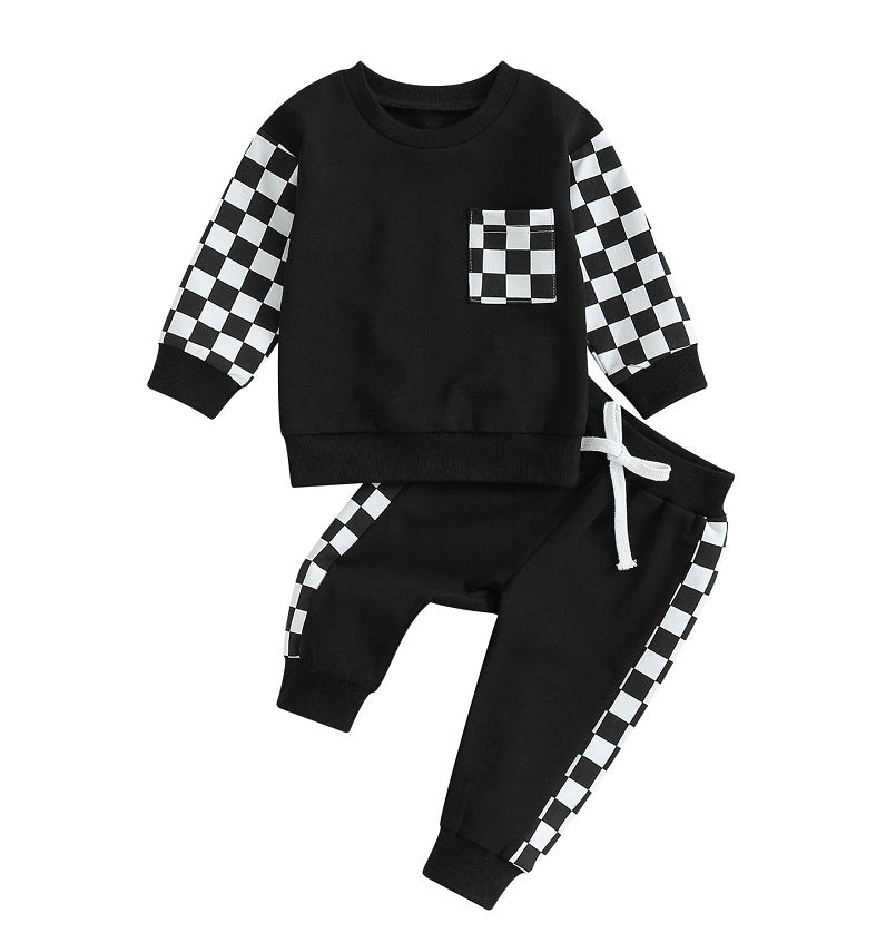 Boys' 2-Piece Set: Chessboard Plaid Patchwork Sweater & Sweatpants