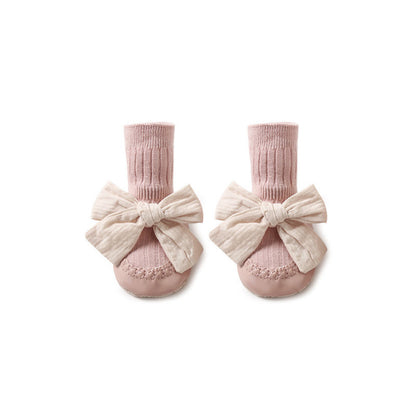 Baby Leather Sole Floor Shoes Socks Babies' Socks Mid-calf Anti-drop Korean Bow Princess Socks Toddler Sock Shoes