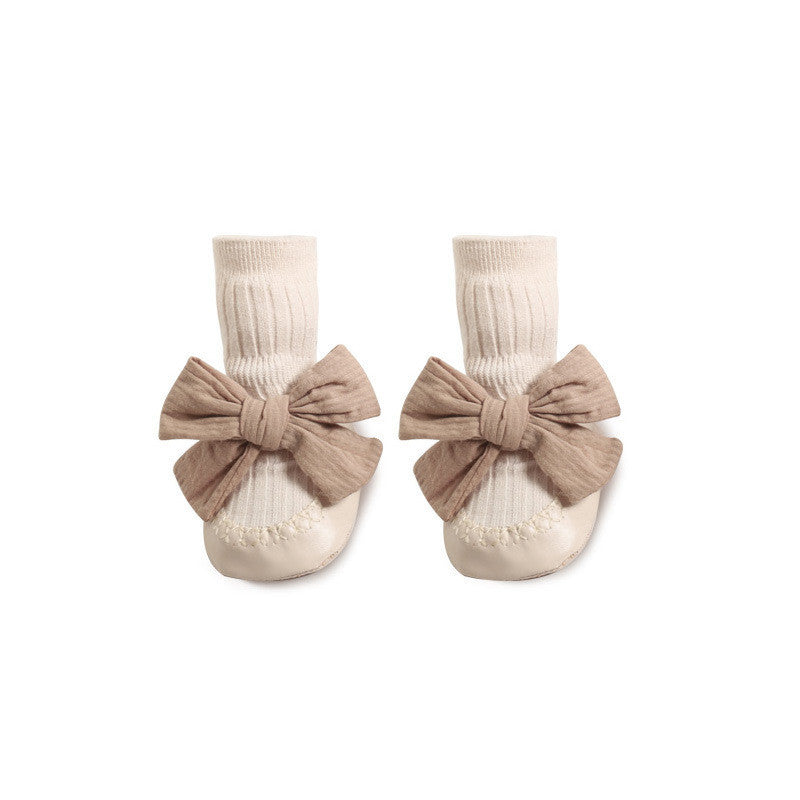 Baby Leather Sole Floor Shoes Socks Babies' Socks Mid-calf Anti-drop Korean Bow Princess Socks Toddler Sock Shoes